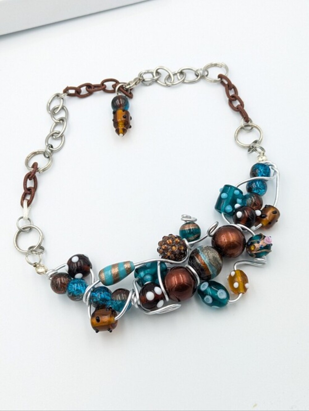Artisan glass bead silver tone wire statement bib necklace